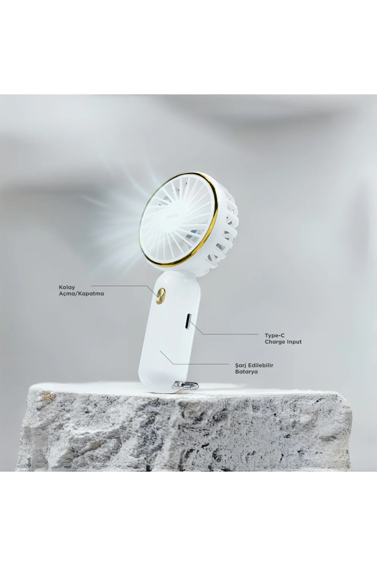 EVEREST EFN11, BEYAZ, 3 Kademeli Hız, Elde Kullanım, Dahili 900mAh Bataryalı, Type-C Şarj Girişli, V