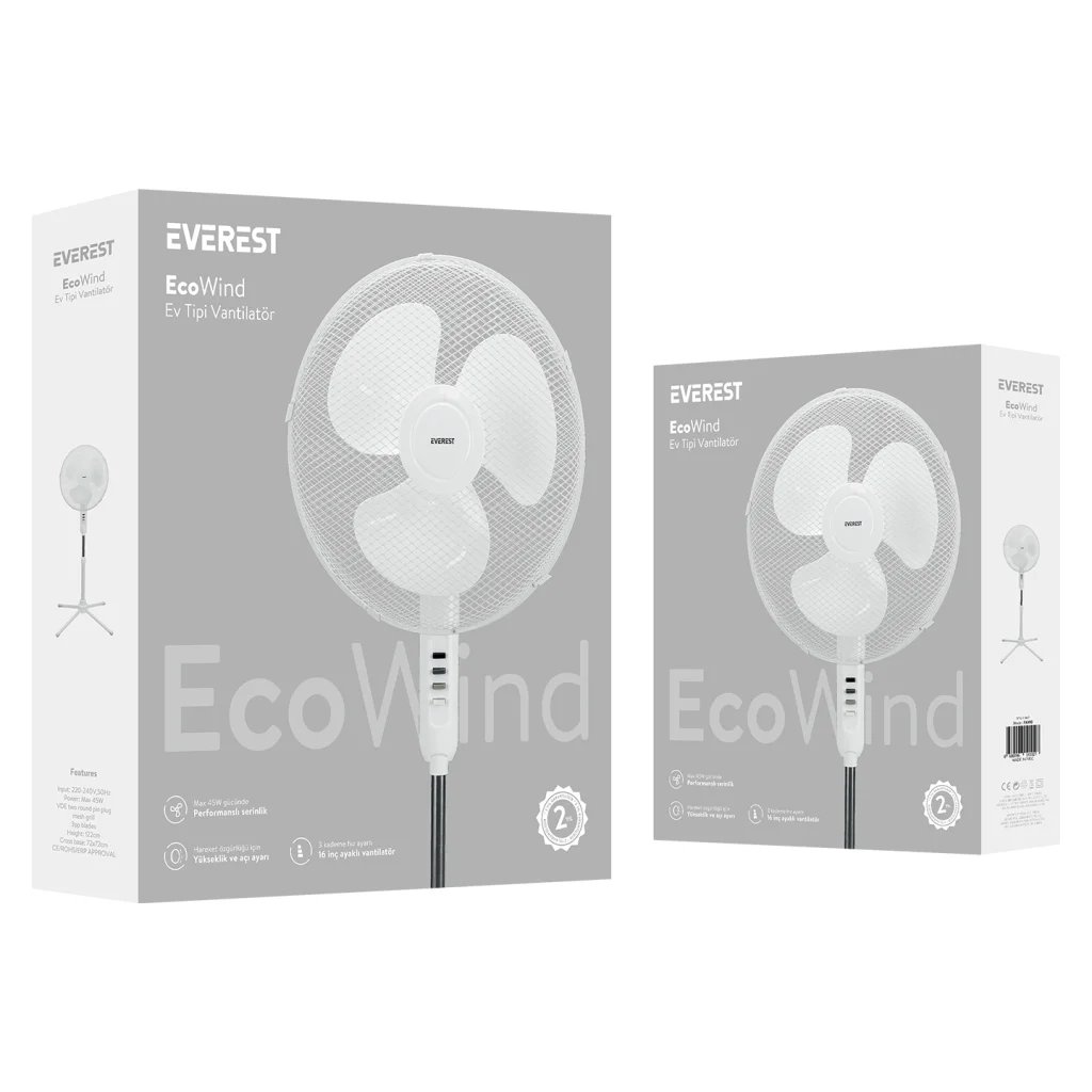 Everest Fan10 Beyaz EcoWind 3 Kademeli Hız 40cm Otomatik Salınım Yükseklik Ayarlı Vantilatör