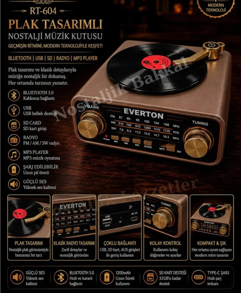Everton RT-604 Plak Tasarımlı ve Görünümlü , Nostalji Bluetooth/USB/Sd/ Radyo Mp3 Player Müzik Kutusu