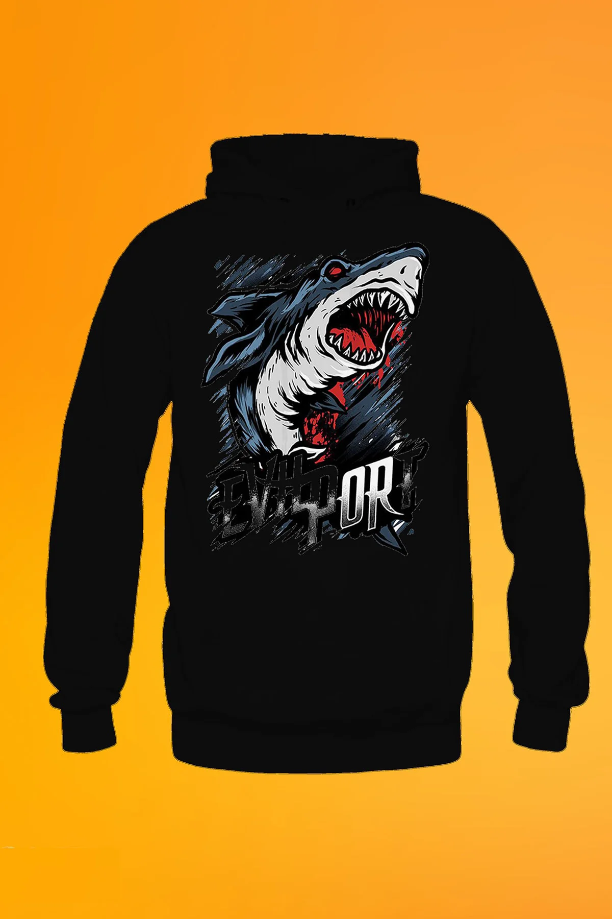 Evil Port Shark Baskılı Siyah Unisex Kapşonlu Swearshirt Hoodie