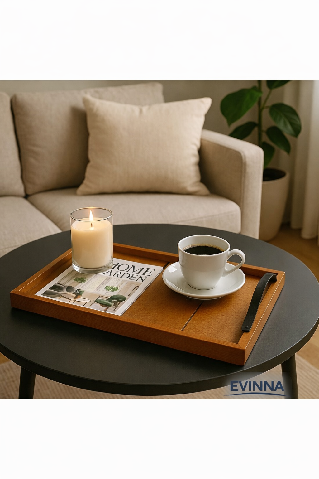 EVİNNA -ÇAY-KAHVE-SUNUM TEPSİSİ DEKORATİF TEPSİ / CEVİZ