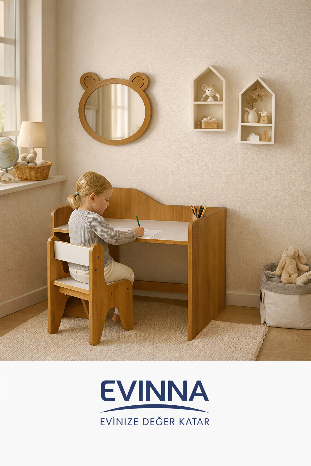 EVİNNA - Ceviz–Beyaz Montessori Çocuk Çalışma Masası Seti, 3 Beyaz Çekmeceli, 18mm MDF