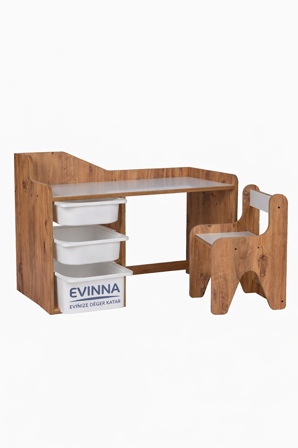 EVİNNA - Ceviz–Beyaz Montessori Çocuk Çalışma Masası Seti, 3 Beyaz Çekmeceli, 18mm MDF