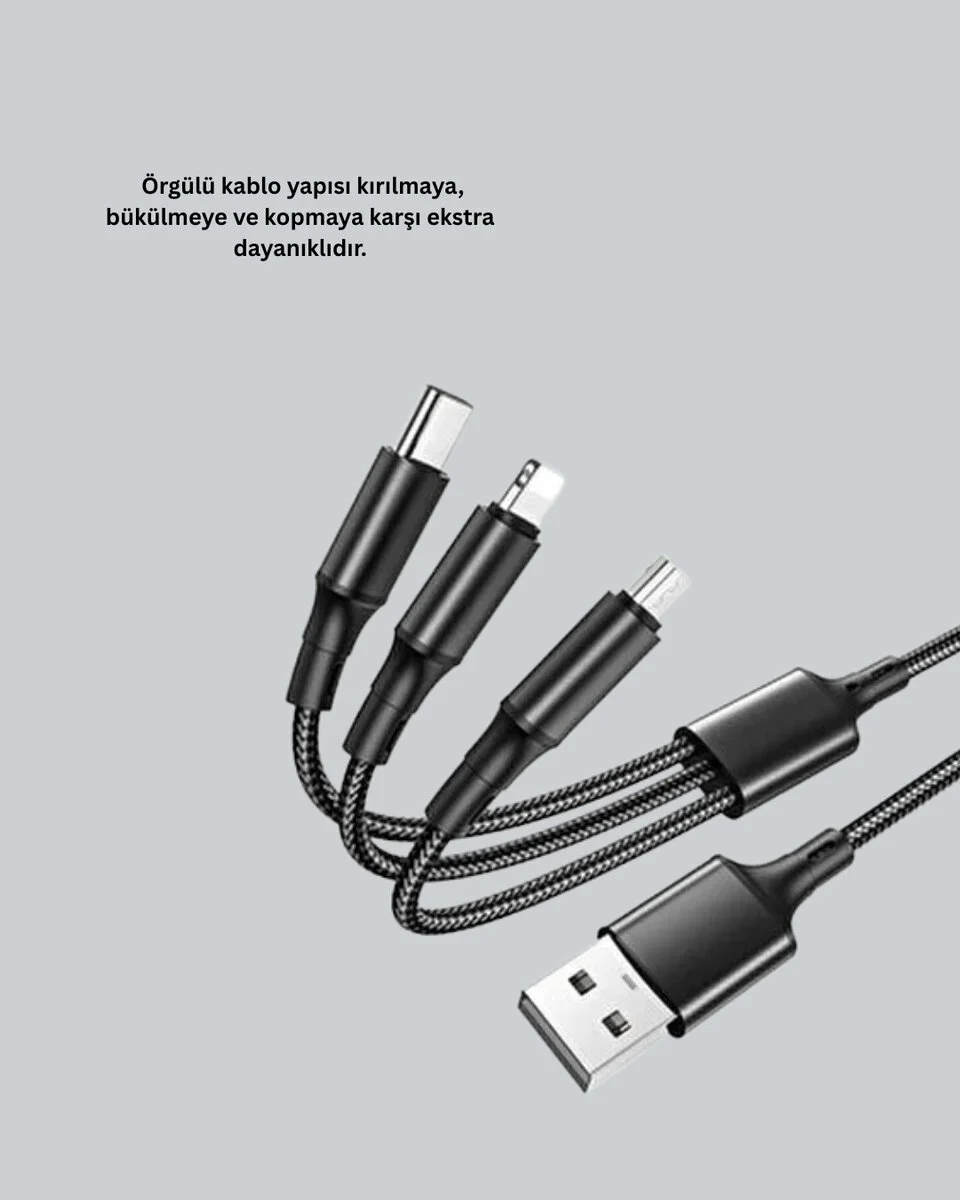 Evrensel 3 Başlıklı Şarj Kablosu - iPhone Huawei Samsung 1.2m Dayanıklı Şarj Çözümü