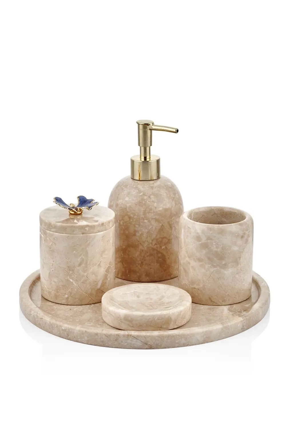 Evza Mermer Bej Banyo Seti 5 Parça | Mavi Kelebek Detaylı Tepsi S