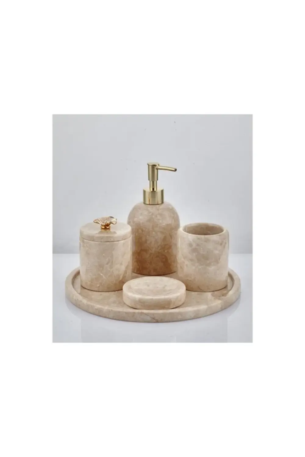 Evza Mermer Bej Kelebekli 5 Parça Banyo Seti