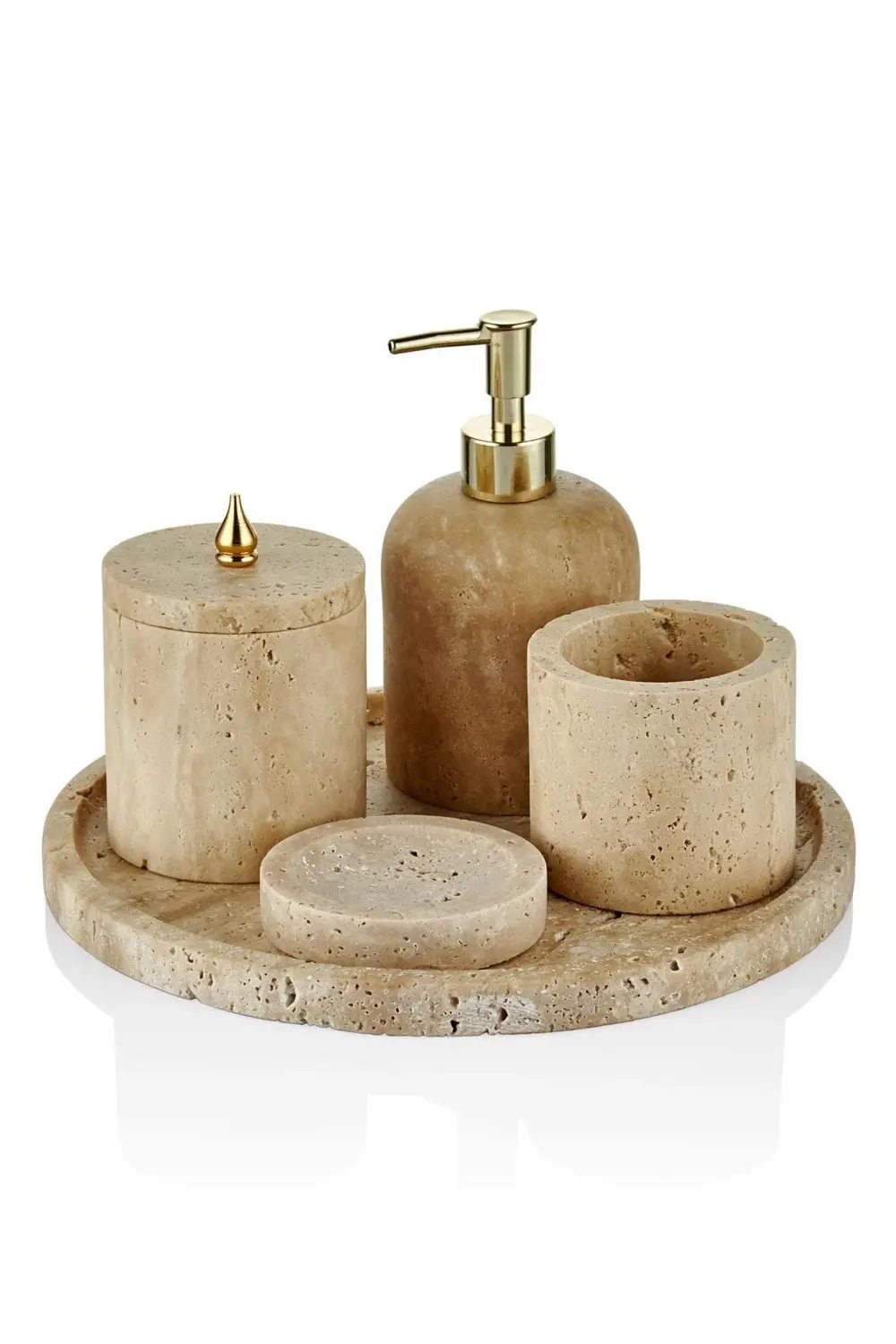 Evza Traverten Mermer Banyo Seti 5 Parça | Damla Figürlü Doğal Lü