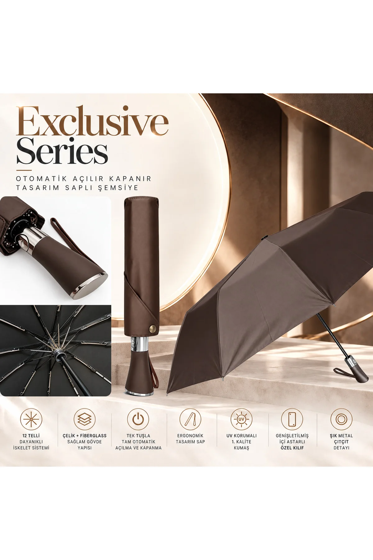 Exclusive Series - Otomatik Açılır Kapanır Tasarım Saplı 12 Telli Şemsiye Exclusive Series - Otomatik Açılır Kapanır Tasarım Saplı 12 Telli Şemsiye
