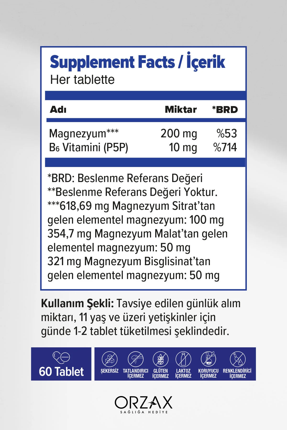 ExtraMag Üçlü Kombinasyon Magnezyum 200 mg Takviye Edici Gıda 60 Tablet
