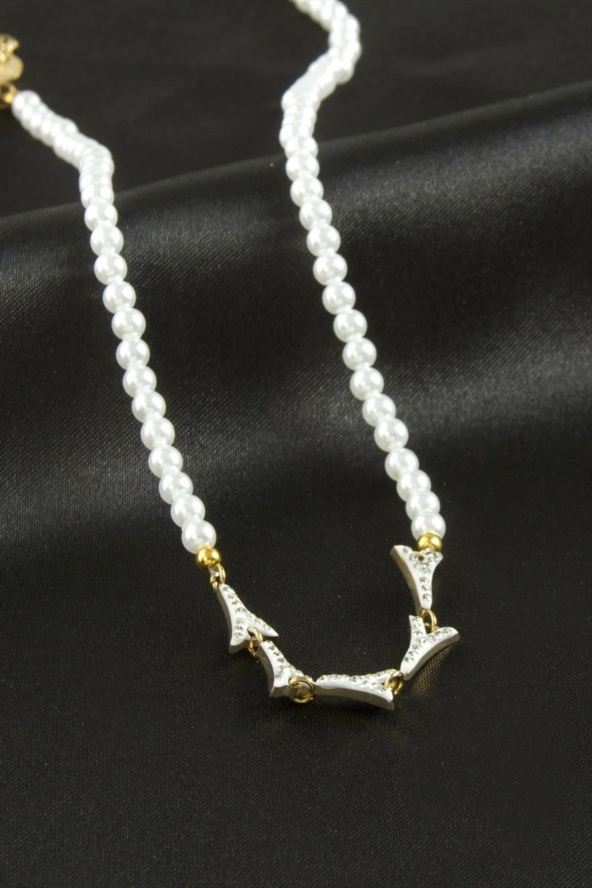 Eyfel Kuesi İnci Lüks () Çelik Kolye-Beyaz Zirkon Taşlı Kolye Şık