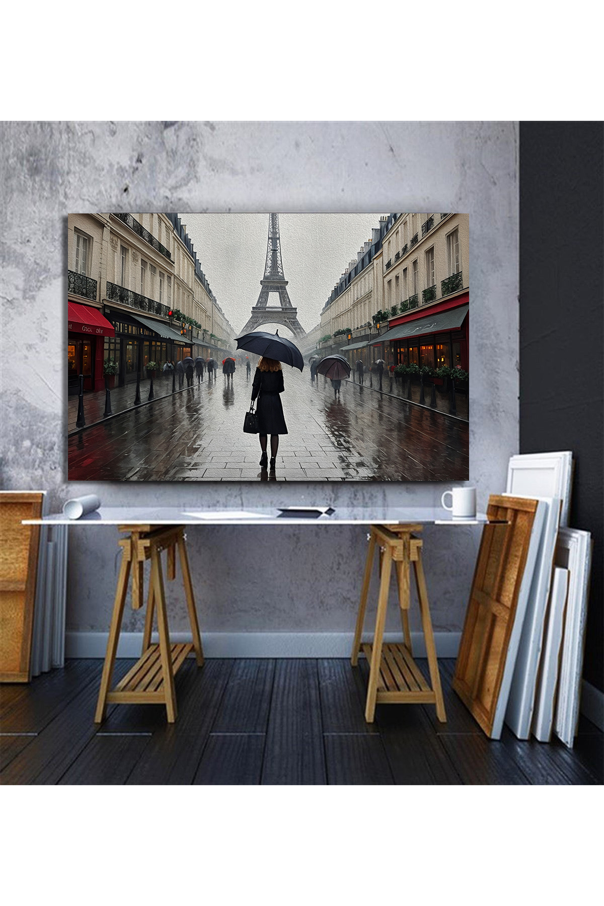 Korkmazkanvas Eyfel Kulesi İle Yağmurlu Bir Gün Paris. Kanvas Tablo