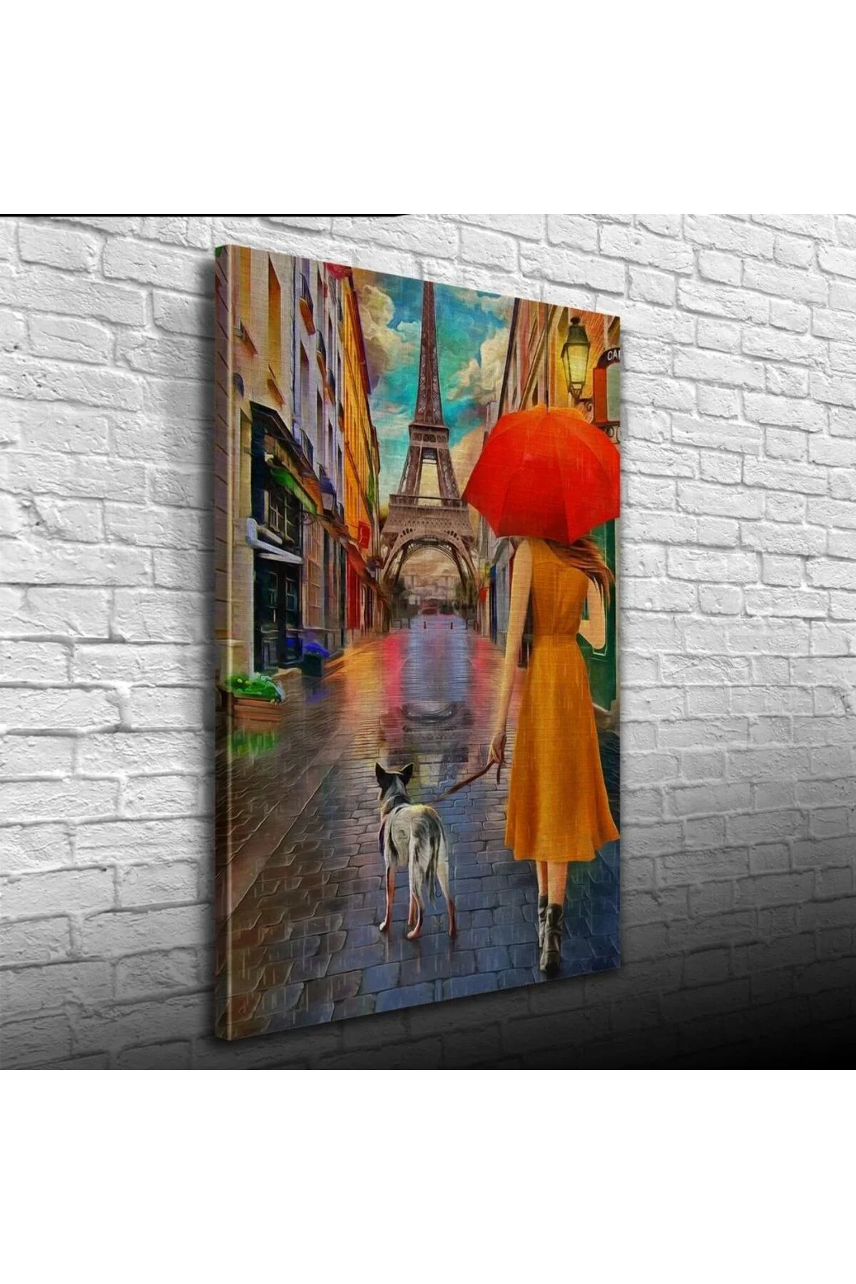 Eyfel Kulesi önünde Kırmızı Şemsiyeli Kadın Yağlıboya Kanvas Tablo 50 x 70