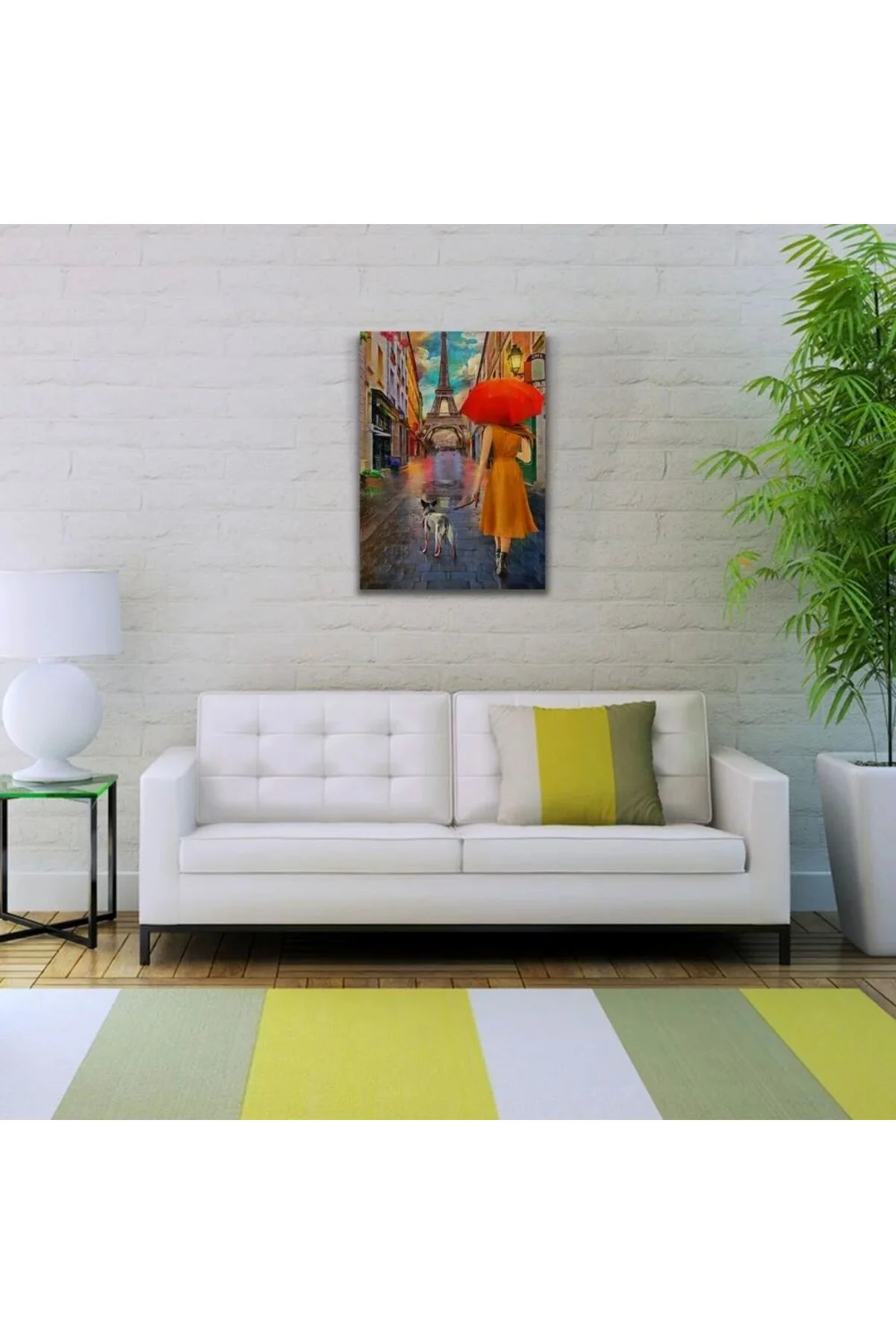 Eyfel Kulesi önünde Kırmızı Şemsiyeli Kadın Yağlıboya Kanvas Tablo 50 x 70