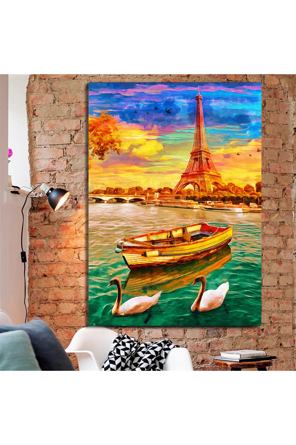 Eyfel Kulesi ve Paris'teki seine nehrinden Jane köprüsü. Kanvas T