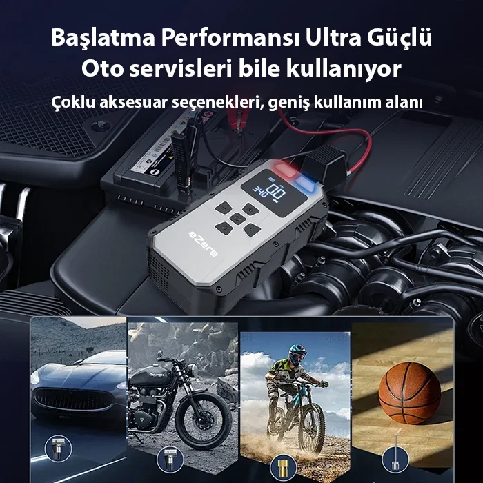 EZERE 4 in1 8000mAh Lastik Sisirme Pompası Ve Starter Akü Takviye Seti-1852 EZERE 4 in1 8000mAh Lastik Sisirme Pompası Ve Starter Akü Takviye Seti-1852