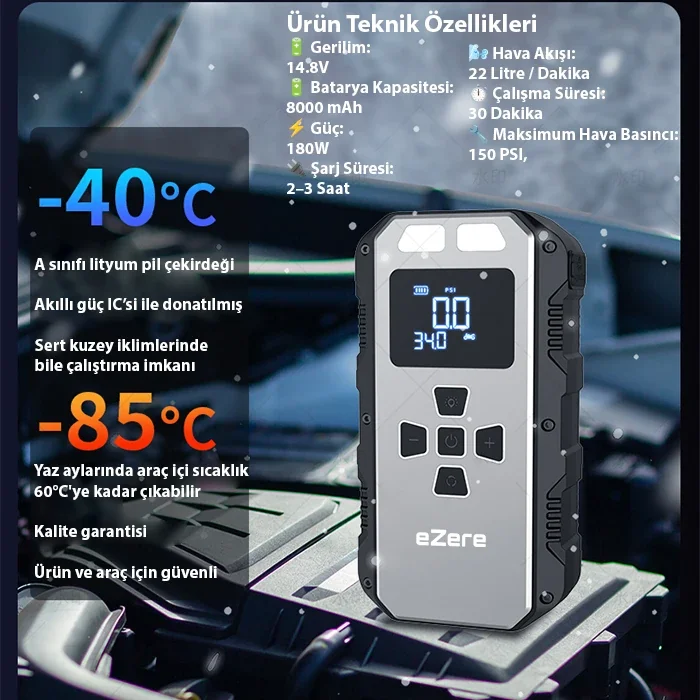 EZERE 4 in1 8000mAh Lastik Sisirme Pompası Ve Starter Akü Takviye Seti-1852 EZERE 4 in1 8000mAh Lastik Sisirme Pompası Ve Starter Akü Takviye Seti-1852