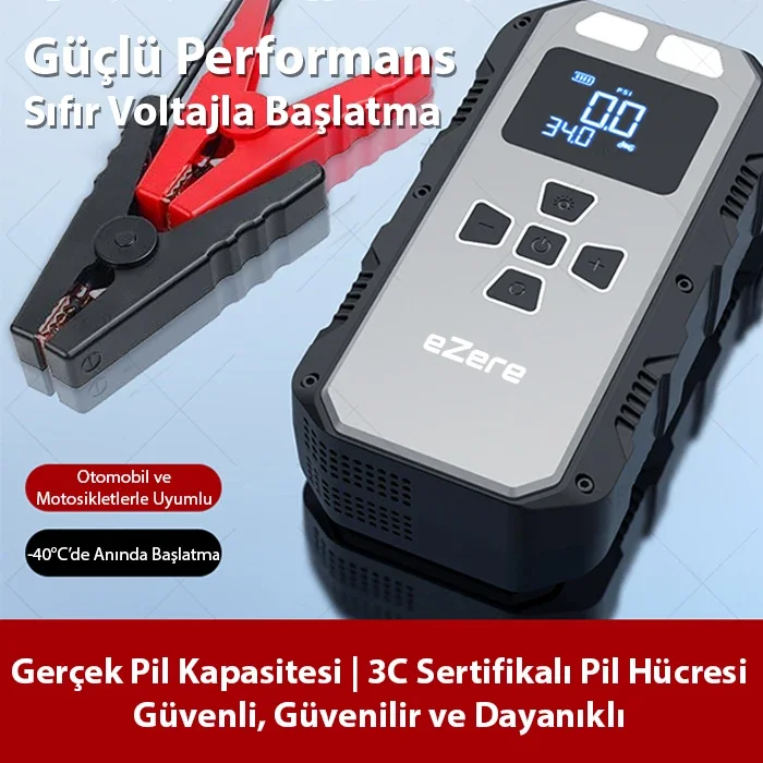EZERE 4 in1 8000mAh Lastik Sisirme Pompası Ve Starter Akü Takviye Seti-1852 EZERE 4 in1 8000mAh Lastik Sisirme Pompası Ve Starter Akü Takviye Seti-1852