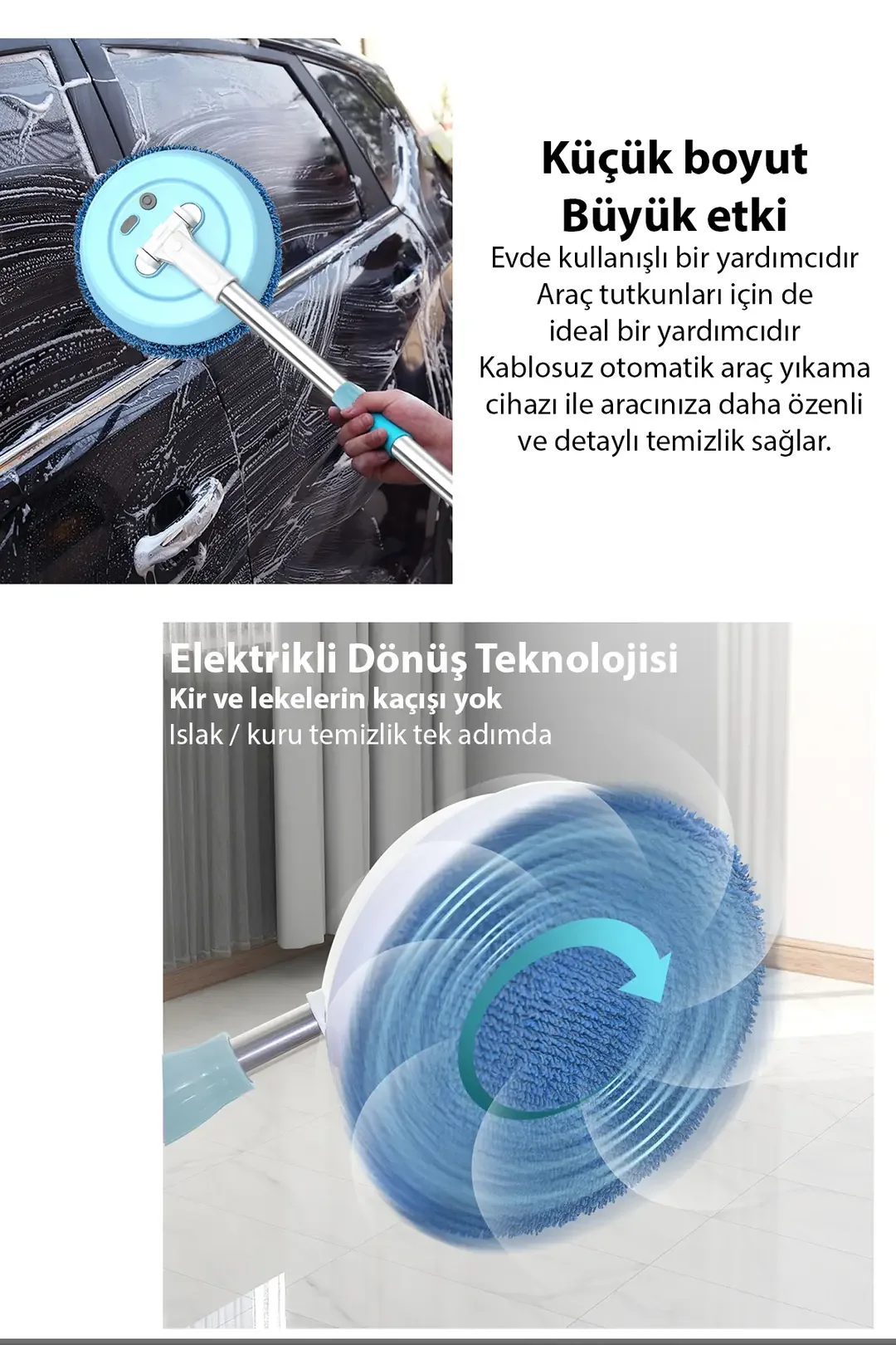 EZERE AA102 Pro Kablosuz Döner Temizlik Fırçası – 2 Başlıklı, Teleskopik ve Pratik