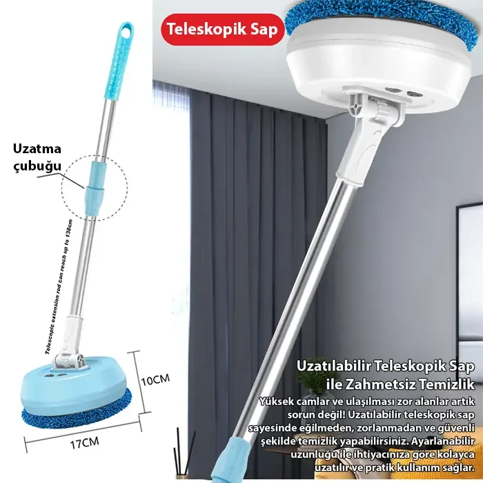 EZERE AA102 Pro Kablosuz Döner Temizlik Fırçası – 2 Başlıklı, Teleskopik ve Pratik