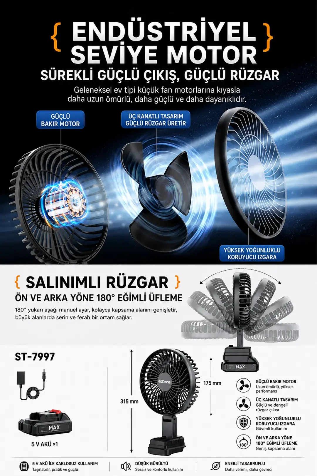 Ezere AirMax Şarjlı Taşınabilir Outdoor Fan Vantilatör ST-7997-1852