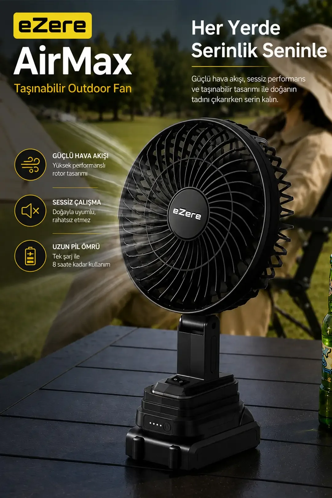 Ezere AirMax Şarjlı Taşınabilir Outdoor Fan Vantilatör ST-7997-1852