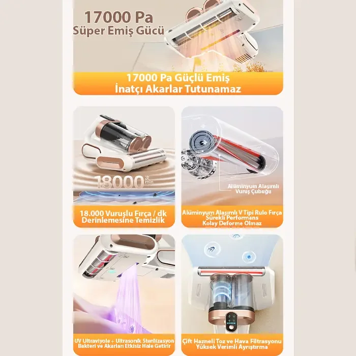 Ezere DustAway 17000Pa Güçlü Kablosuz Akar ve Toz UV Işıklı Yatak ve Koltuk Temizleyici-1852 Ezere DustAway 17000Pa Güçlü Kablosuz Akar ve Toz UV Işıklı Yatak ve Koltuk Temizleyici-1852