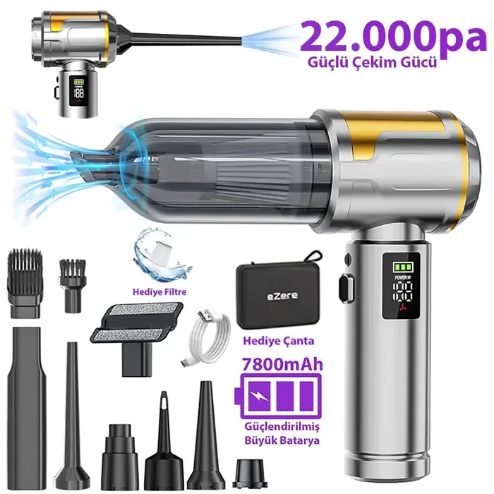 EZERE Nanovac 22000pa Güçlü Portatif Vakumlu Kablosuz Üflemeli Mini Araç Süpürgesi-1852