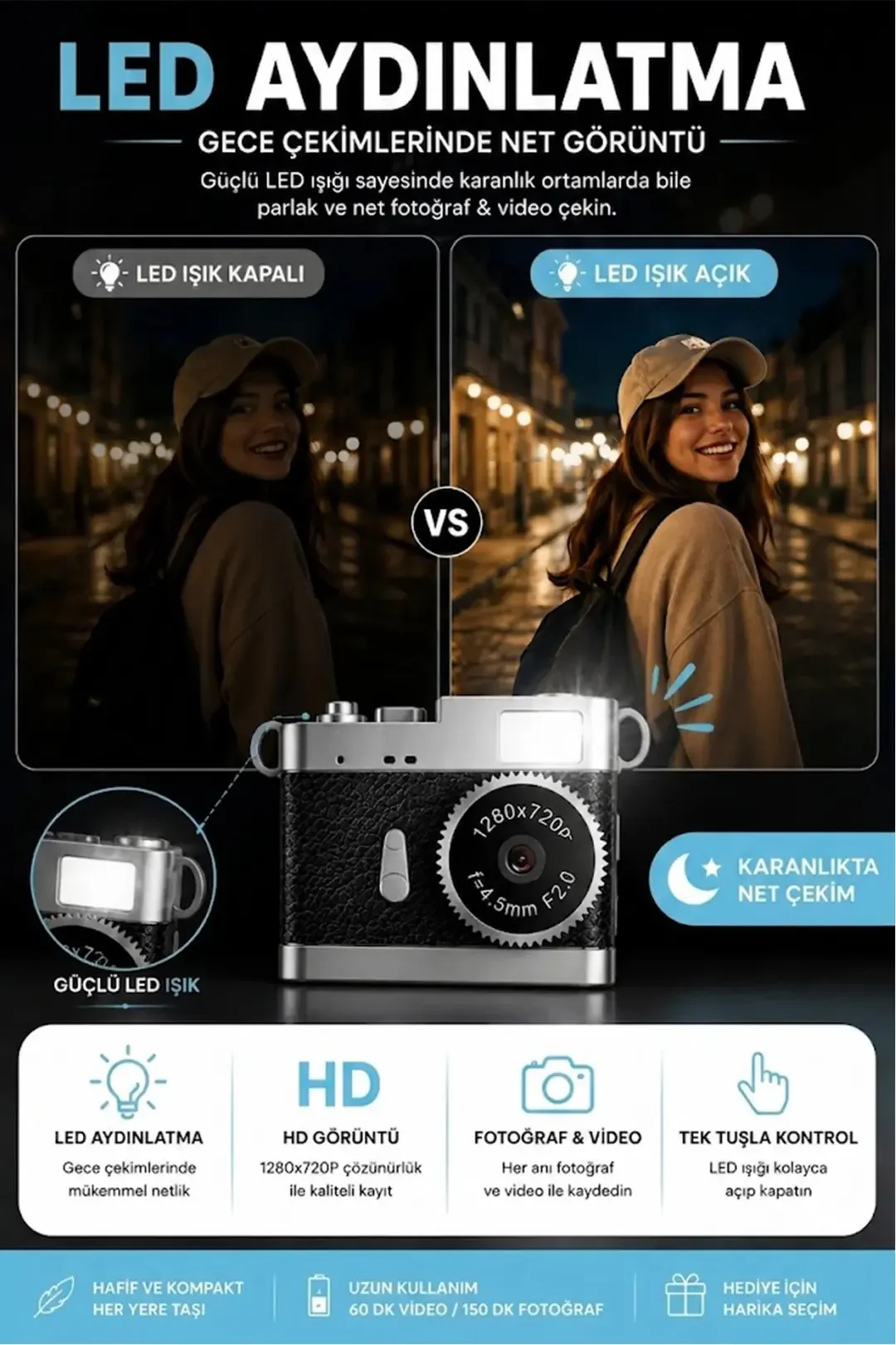 Ezere PixCam Vintage Taşınabilir Mini Dijital Kamera Selfie Video Vlog Kamerası Mini Anahtarlık 1080P-1852