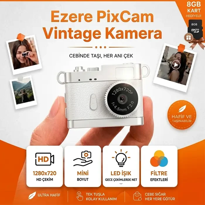 Ezere PixCam Vintage Taşınabilir Mini Dijital Kamera Selfie Video Vlog Kamerası Mini Anahtarlık 1080P-1852