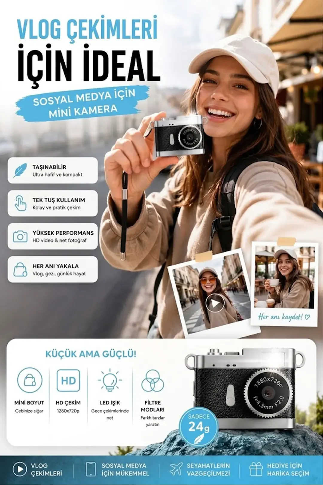 Ezere PixCam Vintage Taşınabilir Mini Dijital Kamera Selfie Video Vlog Kamerası Mini Anahtarlık 1080P-1852