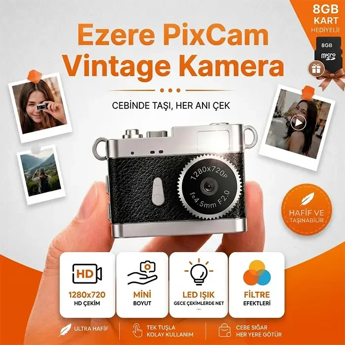 Ezere PixCam Vintage Taşınabilir Mini Dijital Kamera Selfie Video Vlog Kamerası Mini Anahtarlık 1080P-1852