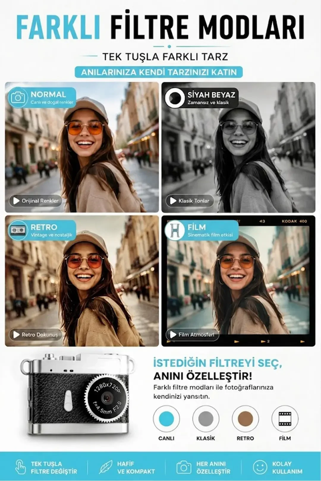 Ezere PixCam Vintage Taşınabilir Mini Dijital Kamera Selfie Video Vlog Kamerası Mini Anahtarlık 1080P-1852
