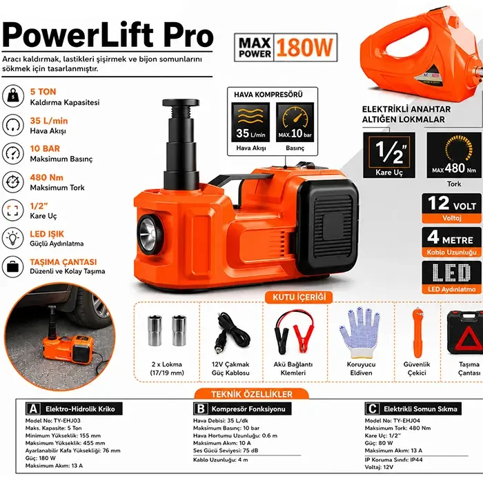 EZERE PowerLift Pro 5 Ton Çok Fonksiyonlu Elektrikli Hidrolik Kriko Lift Kaldırma / Kompresör / Bijon Sökme / LED Işık-1852 EZERE PowerLift Pro 5 Ton Çok Fonksiyonlu Elektrikli Hidrolik Kriko Lift Kaldırma / Kompresör / Bijon Sökme / LED Işık-1852