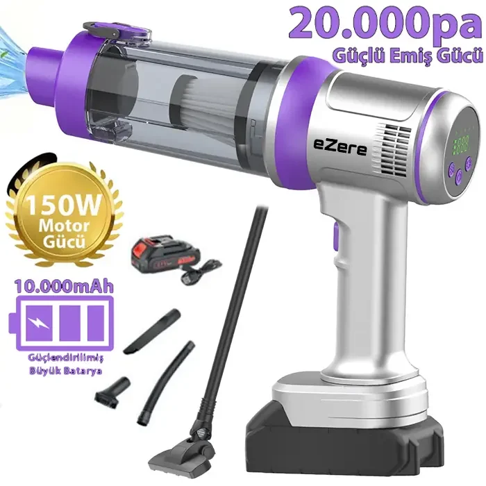 Ezere Powerstorm Kablosuz El Süpürgesi 20000Pa Çekim Gücü 3 Kademeli HEPA Filtre 21V 2.0Ah Batarya-1852