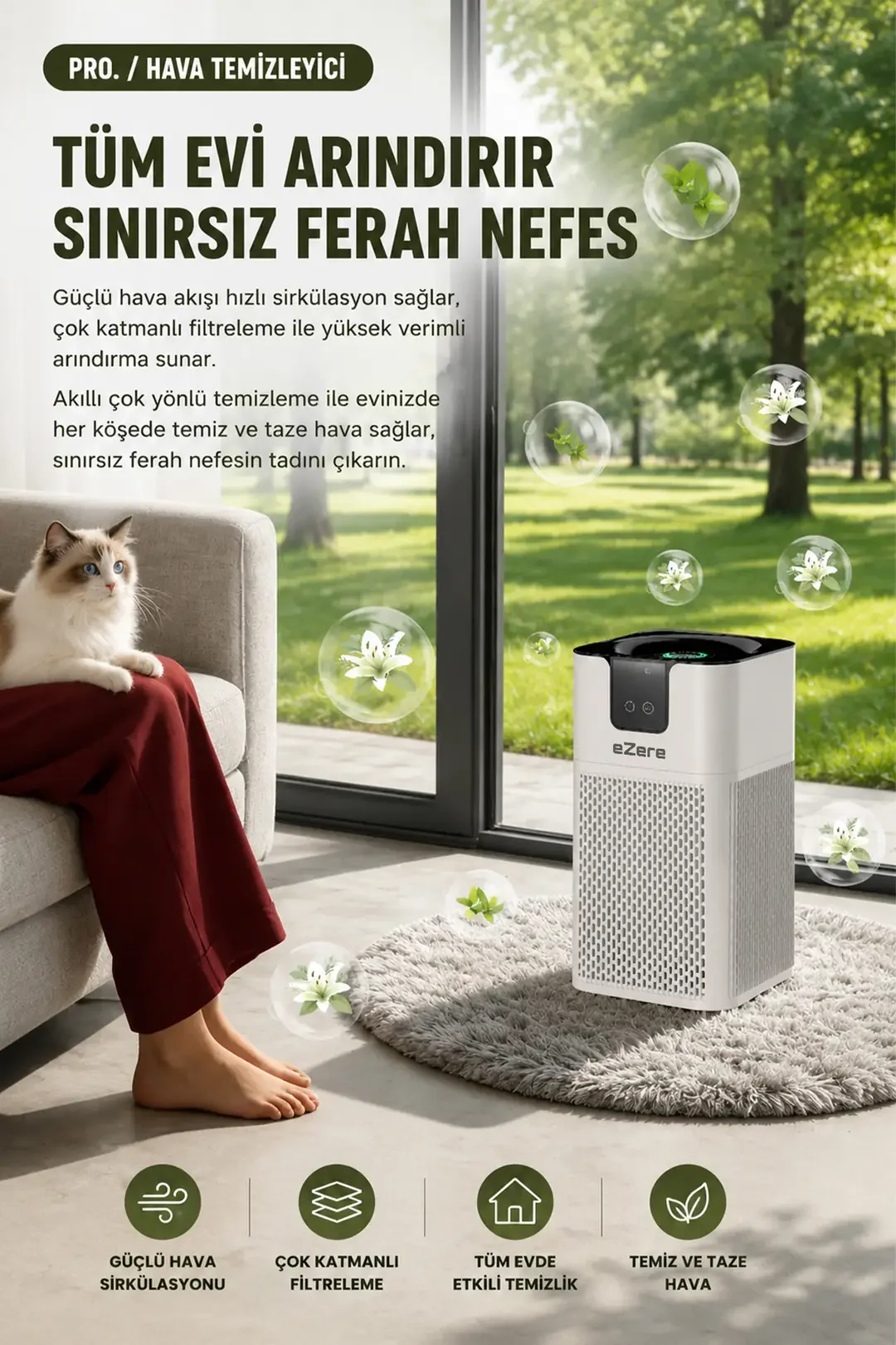 EZERE PureAir Akıllı Hava Temizleyici HEPA Filtreli Negatif İyon Hava Arıtıcı-1852