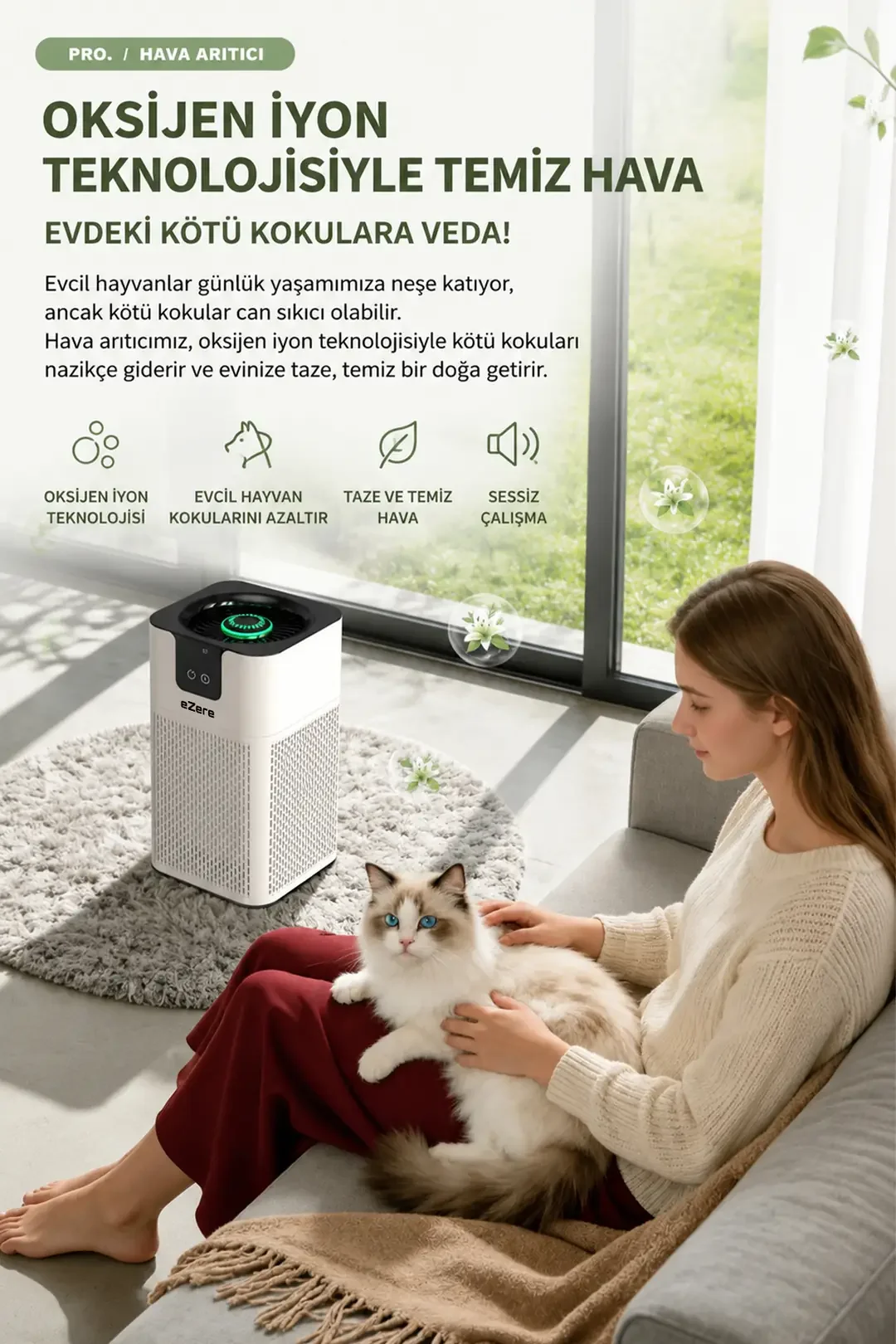 EZERE PureAir Akıllı Hava Temizleyici HEPA Filtreli Negatif İyon Hava Arıtıcı-1852