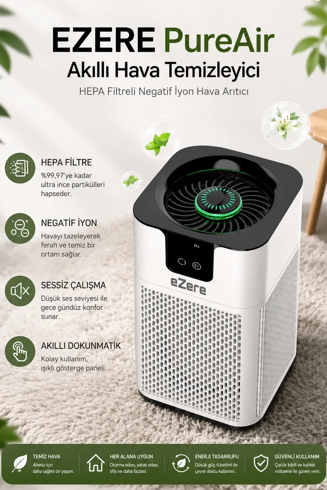EZERE PureAir Akıllı Hava Temizleyici HEPA Filtreli Negatif İyon Hava Arıtıcı-1852
