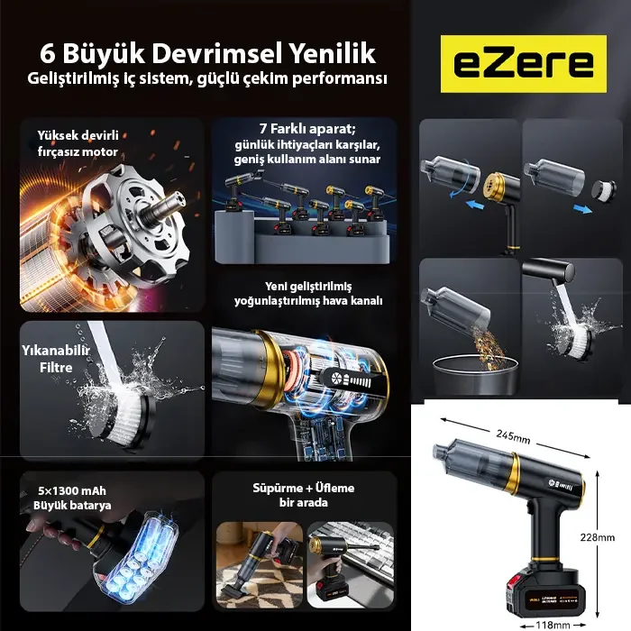 EZERE ST-6609C 20000pa Güçlü Dijital Göstergeli Vakumlu Kablosuz Üflemeli Araç Süpürgesi-1852