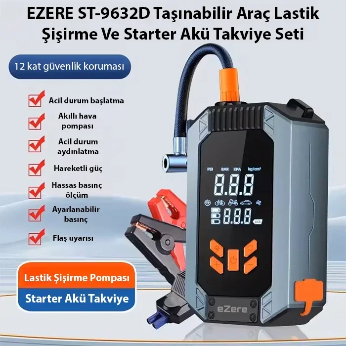 EZERE ST-9632D Taşınabilir Araç Lastik Şişirme Ve Starter Akü Takviye Seti-1852 EZERE ST-9632D Taşınabilir Araç Lastik Şişirme Ve Starter Akü Takviye Seti-1852