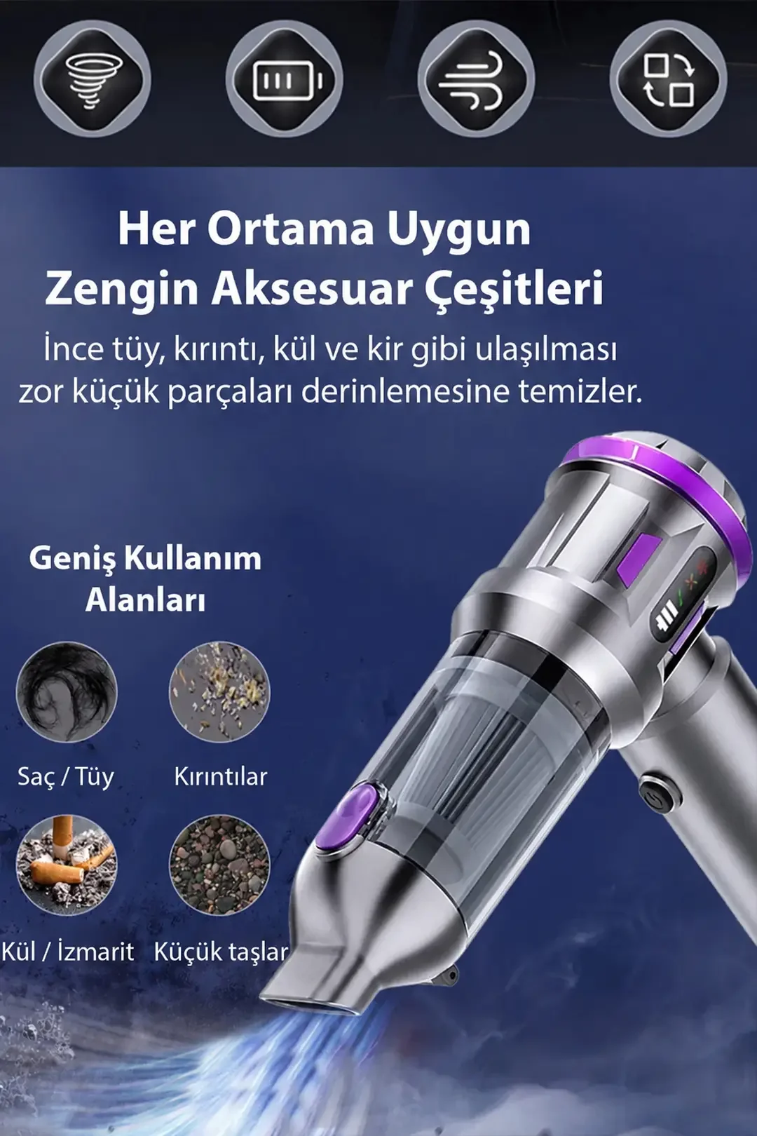 EZERE TurboVac 20000pa Güçlü Dijital Göstergeli Vakumlu Kablosuz Üflemeli Mini Araç Süpürgesi-1852