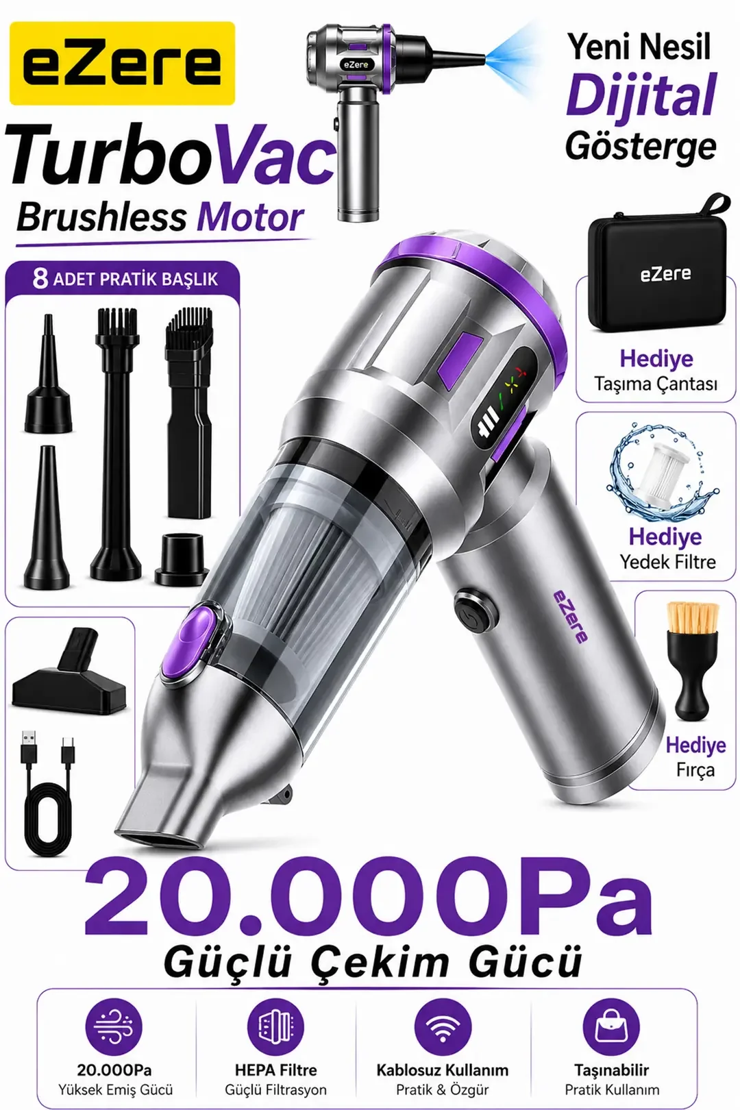 EZERE TurboVac 20000pa Güçlü Dijital Göstergeli Vakumlu Kablosuz Üflemeli Mini Araç Süpürgesi-1852