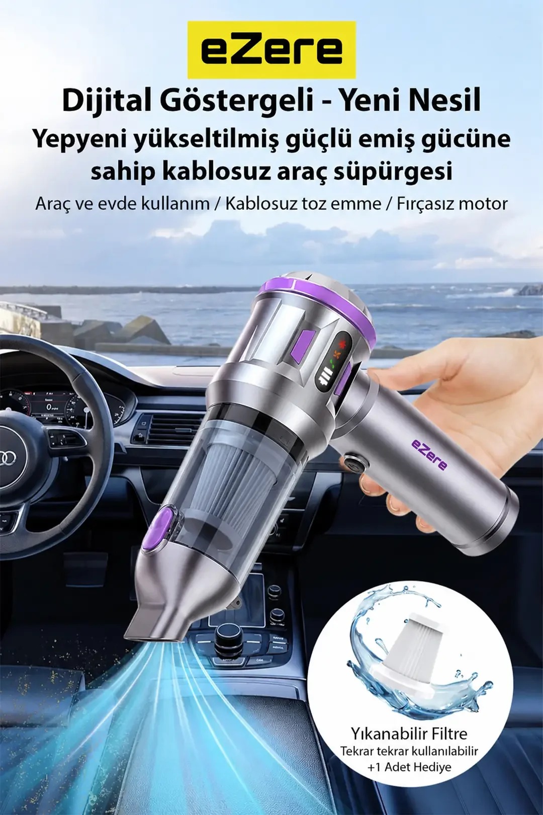 EZERE TurboVac 20000pa Güçlü Dijital Göstergeli Vakumlu Kablosuz Üflemeli Mini Araç Süpürgesi-1852