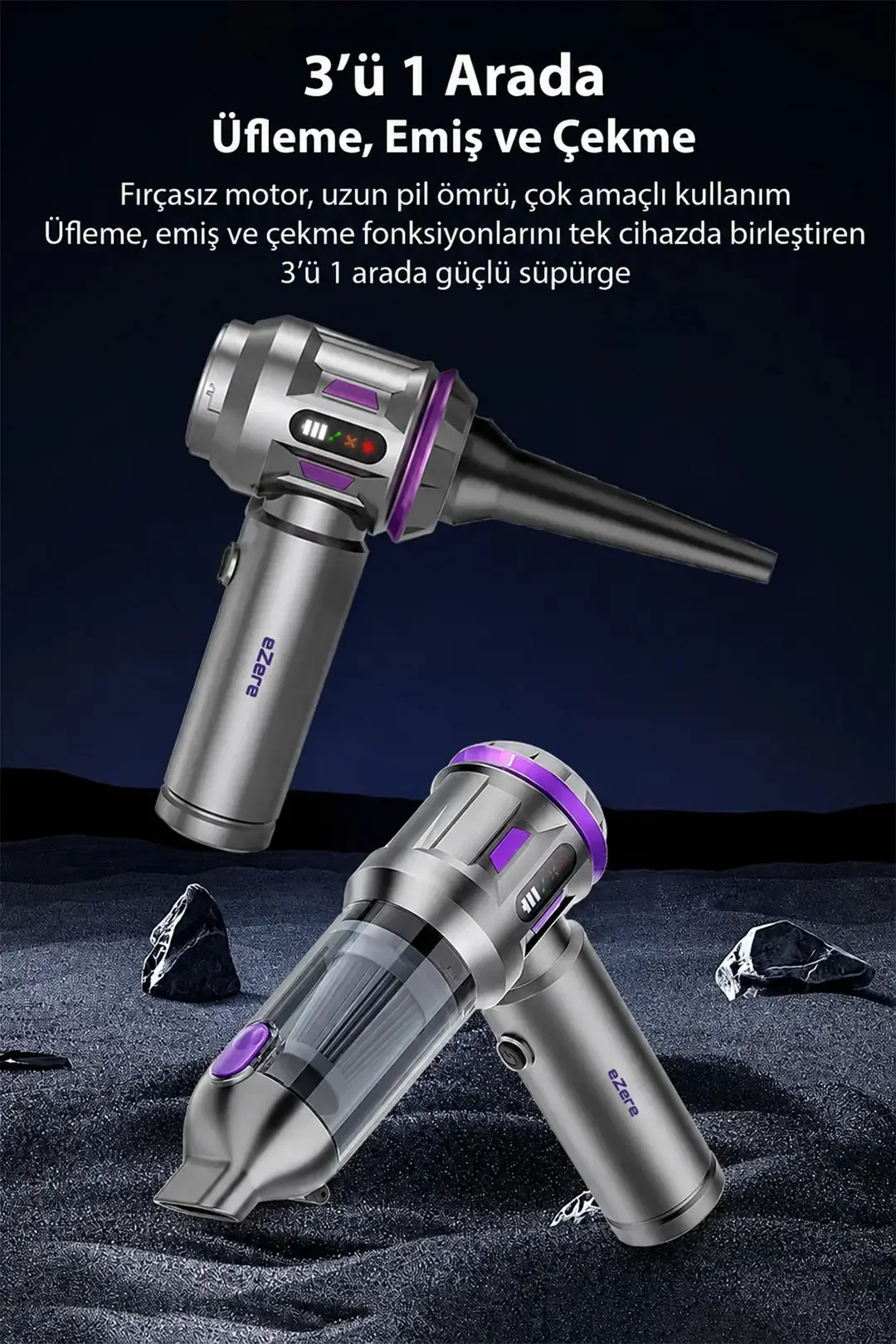 EZERE TurboVac 20000pa Güçlü Dijital Göstergeli Vakumlu Kablosuz Üflemeli Mini Araç Süpürgesi-1852