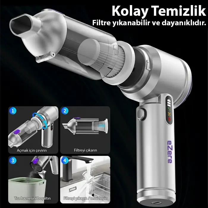 EZERE Vacpro 20000pa Güçlü Dijital Göstergeli Vakumlu Kablosuz Üflemeli Mini Araç Süpürgesi-1852 EZERE Vacpro 20000pa Güçlü Dijital Göstergeli Vakumlu Kablosuz Üflemeli Mini Araç Süpürgesi-1852