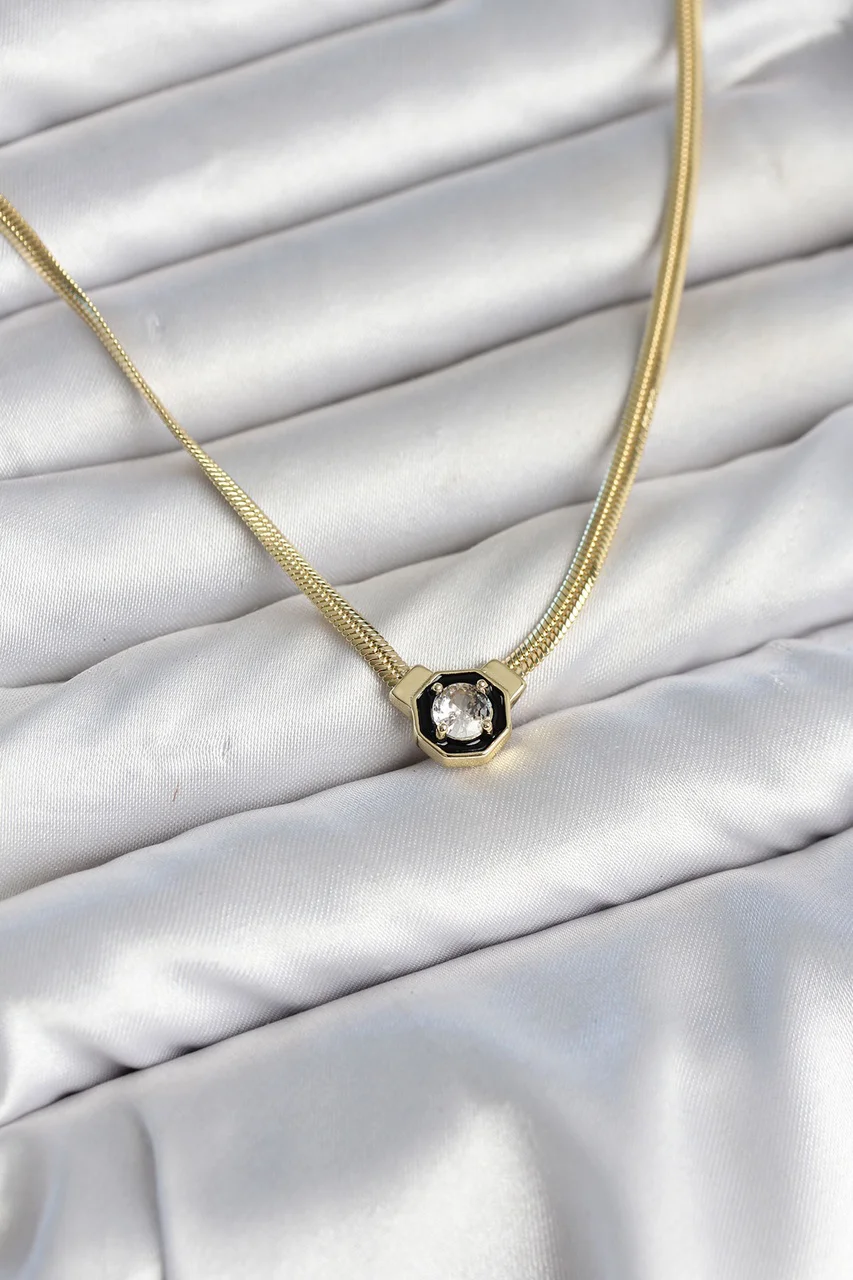 Ezme Yılan Zincir Model Zirkon Taşlı Vıp Seri Gold Renk Kadın Kolye - Lisinya Diğer