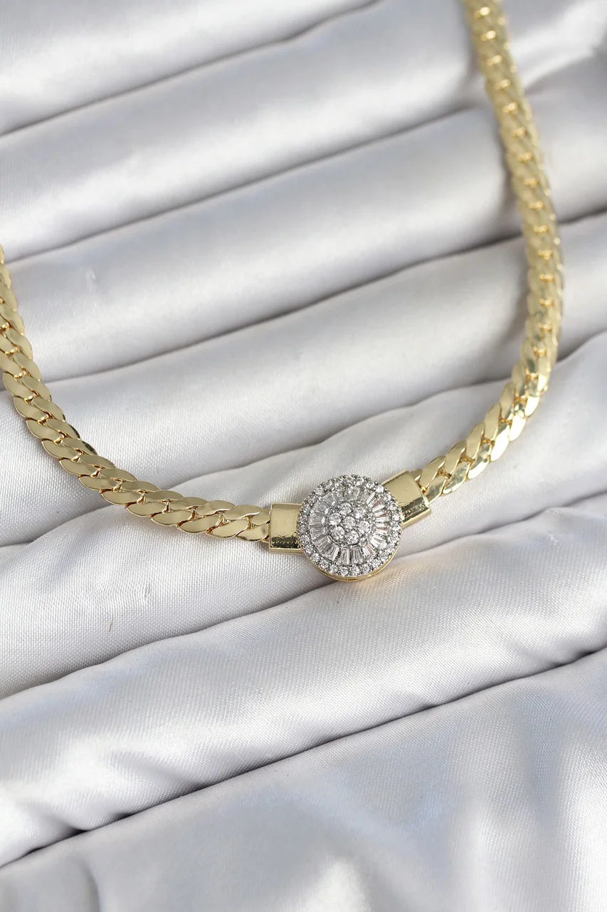 Ezme Zincir Model Zirkon Taşlı Vıp Seri Gold Renk Kadın Kolye - Lisinya Diğer