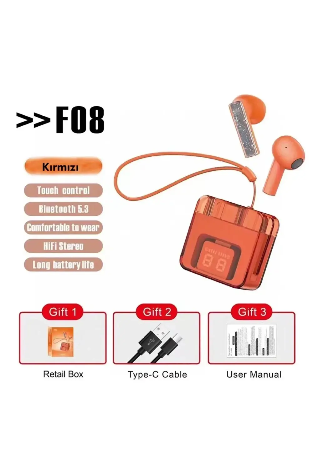 F08 Dijital Şarj Göstergeli TWS Bluetooth Kulaklık - Kırmızı-(579