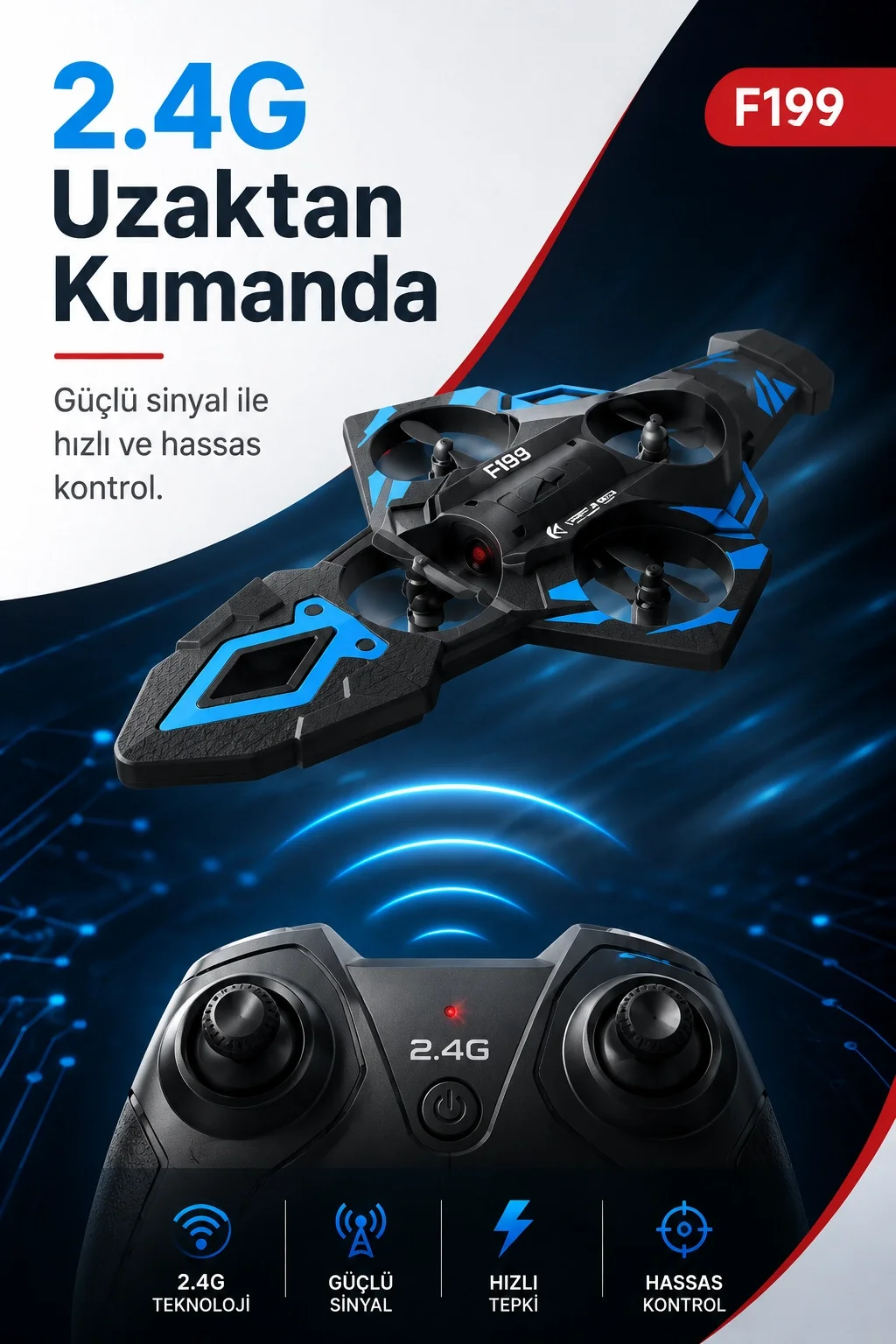 F199 Uzaktan Kumandalı Uçak Drone 2.4G Bağlantılı 360 Derece Dönüş Özellikli Oyuncak