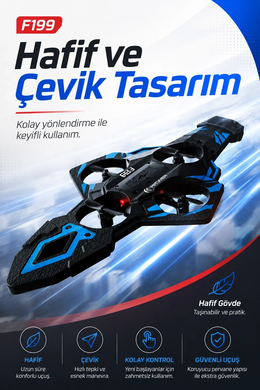 F199 Uzaktan Kumandalı Uçak Drone 2.4G Bağlantılı 360 Derece Dönüş Özellikli Oyuncak