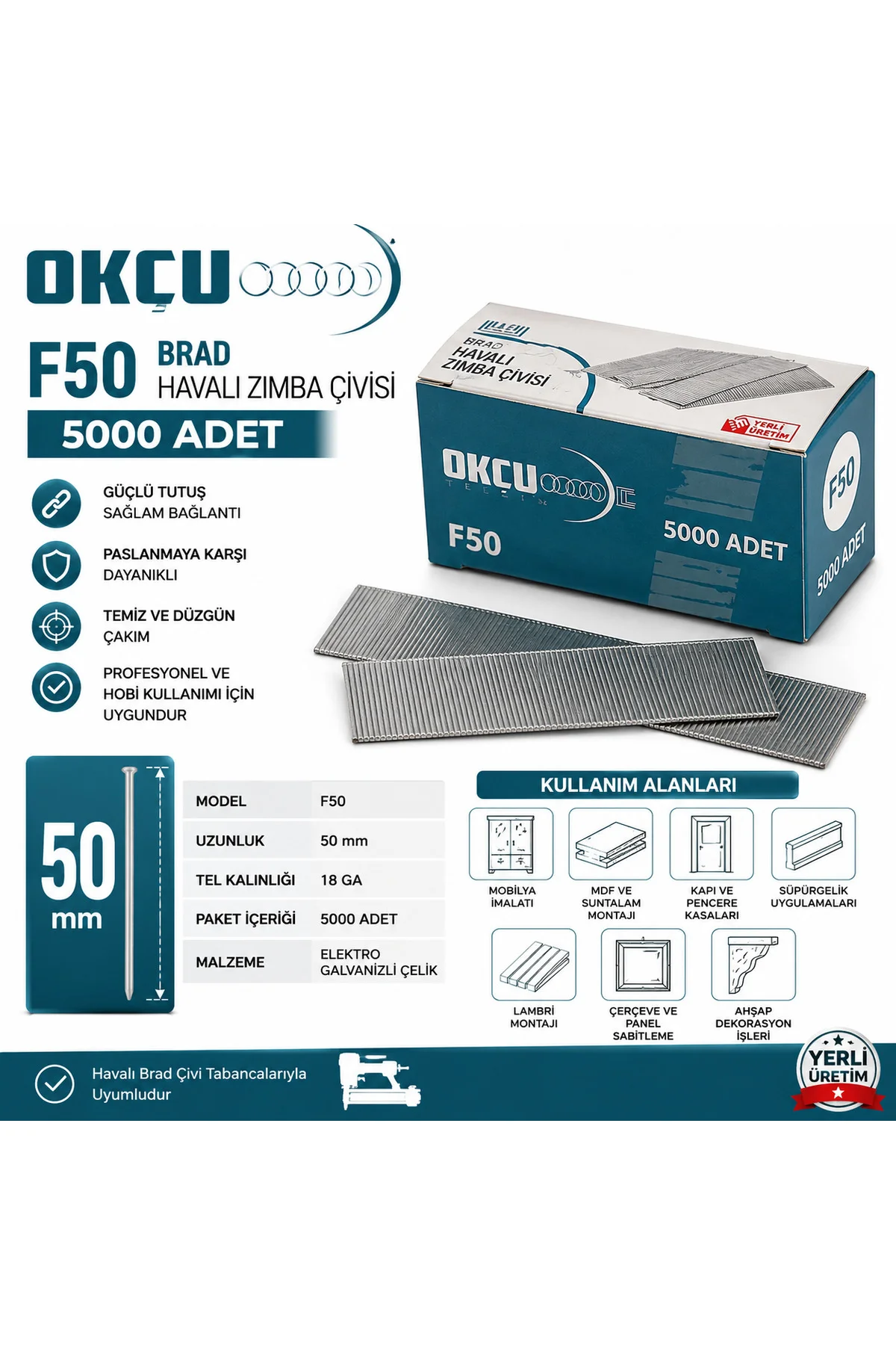 F50 Brad Havalı Zımba Çivisi 5000 Adet 50 mm